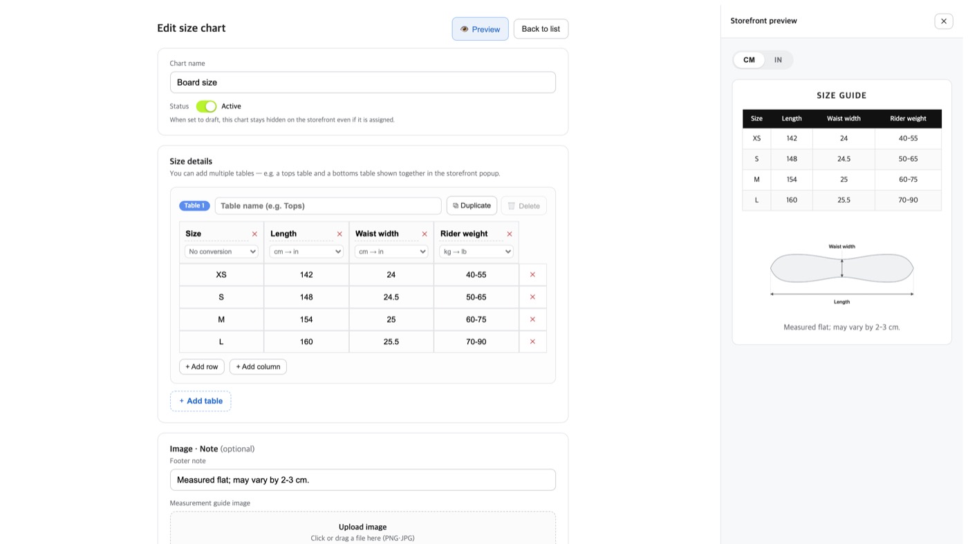 GloSize chart editor with the grid, per-column unit dropdowns and live storefront preview