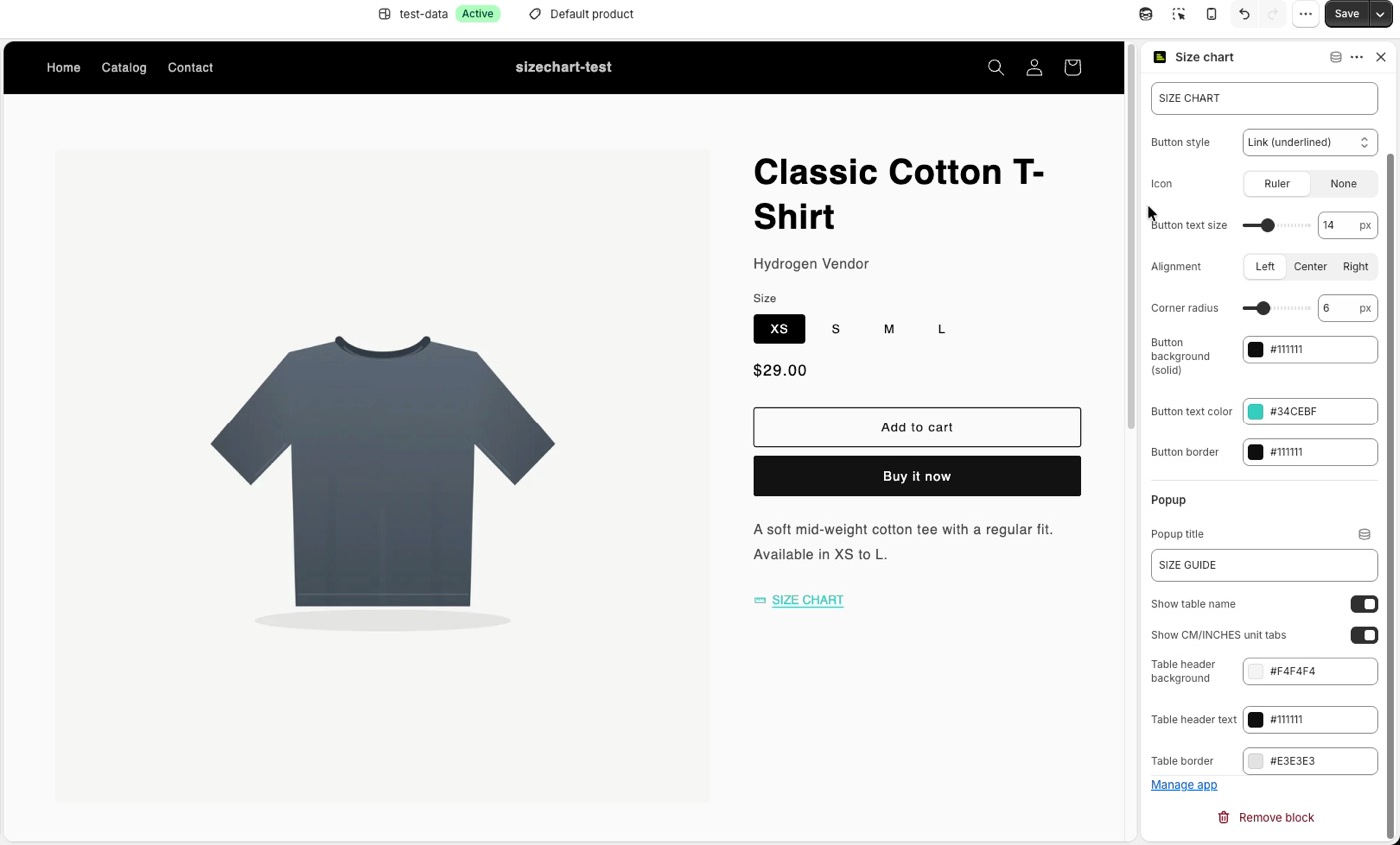 Theme editor block settings for button style, colors and popup options
