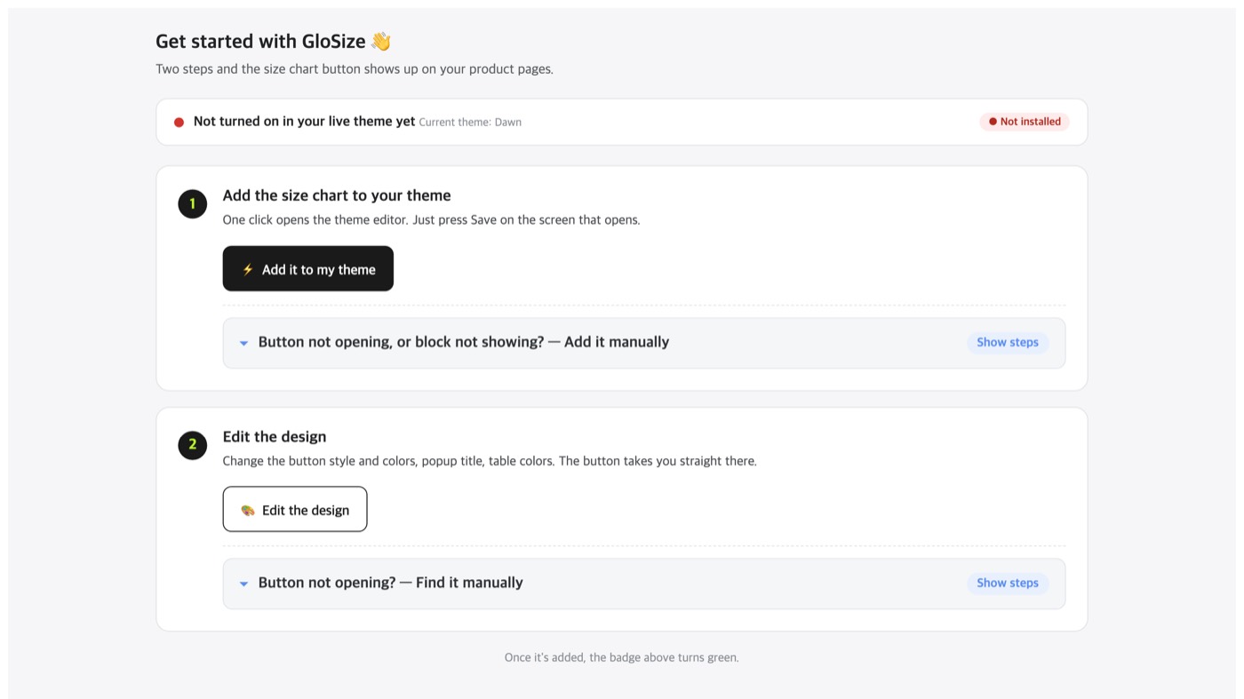GloSize Get started screen with the Add it to my theme button