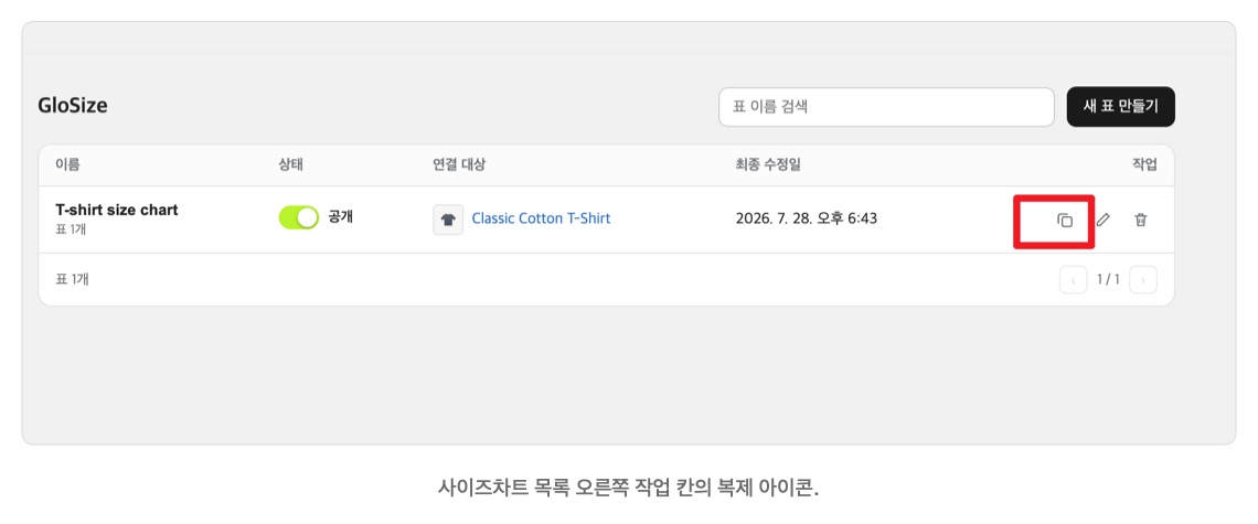 사이즈차트 목록의 복제 아이콘