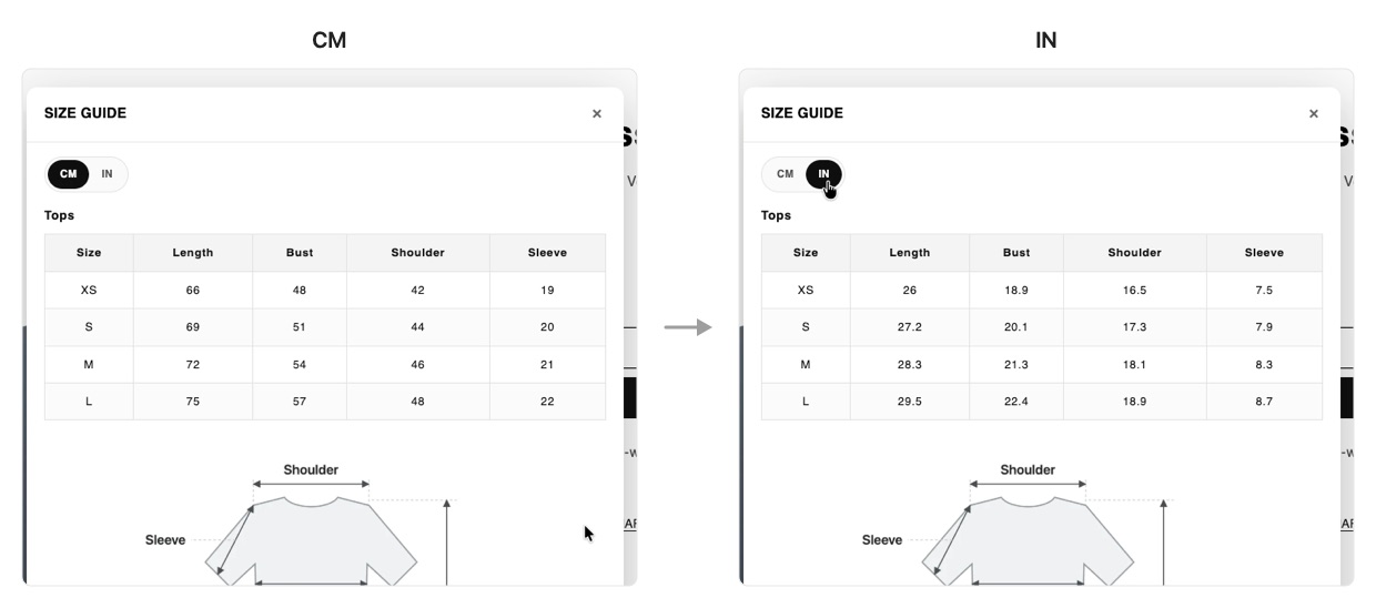 Size guide popup on a product page shown in centimetres and then in inches after tapping the unit tab