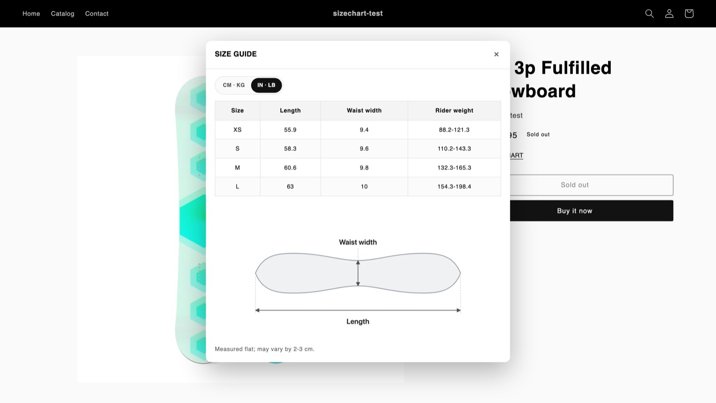 Size guide popup on a product page showing the table, unit tabs and a measurement image