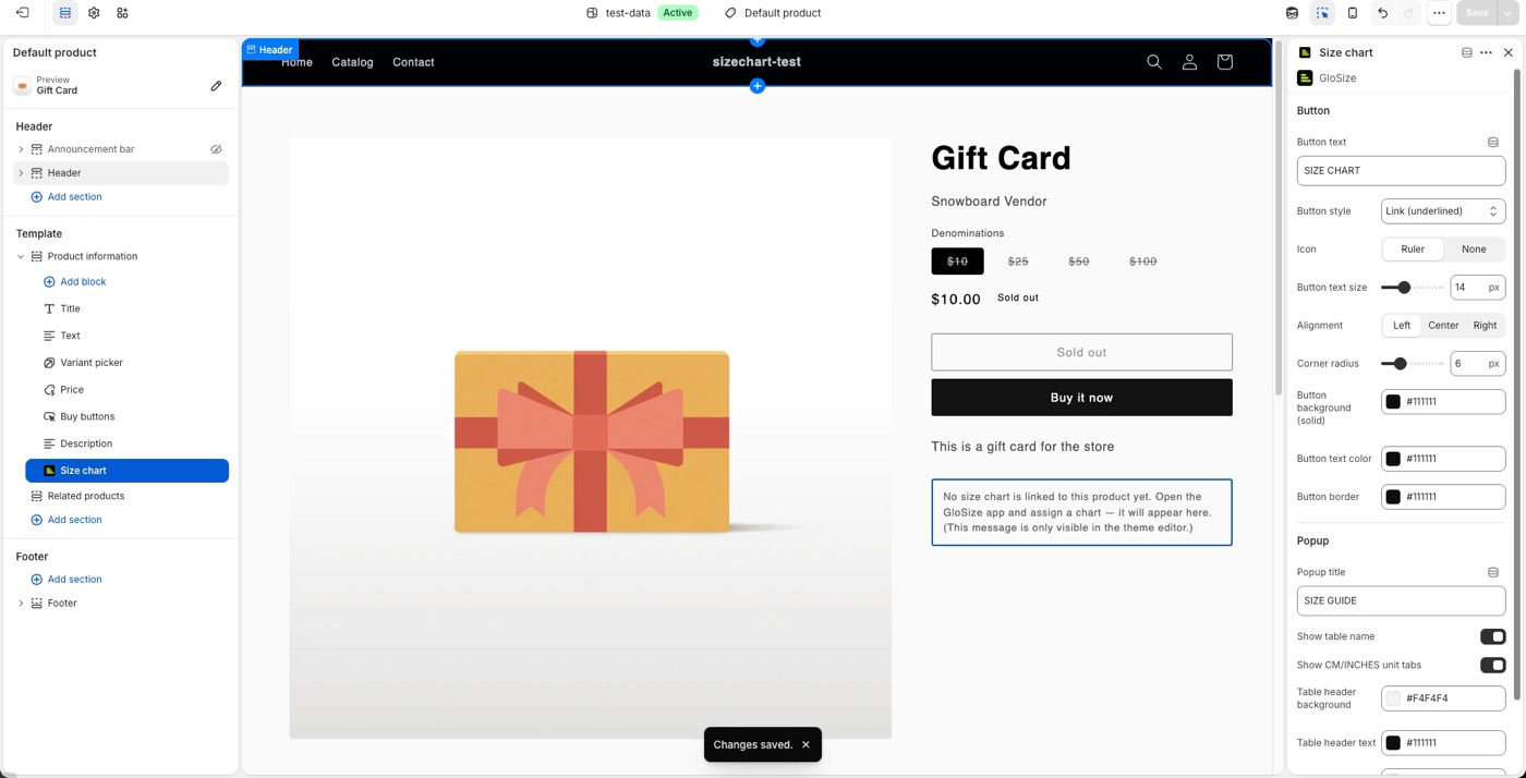 Theme editor with the GloSize Size Chart block under Product information